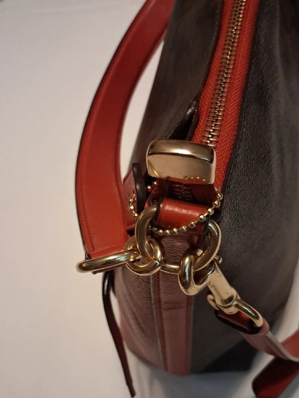 Coach Brown Signature Canvas Shoulder Bag with Red Leather Trim Gold tone logo